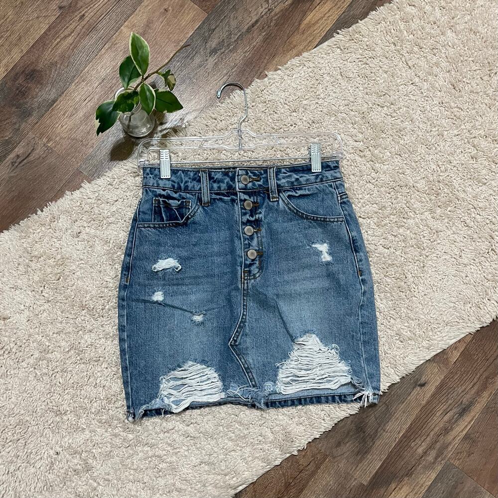 Kancan Size XS Medium Wash Distressed Button Fly High-Rise Denim Mini Skirt
